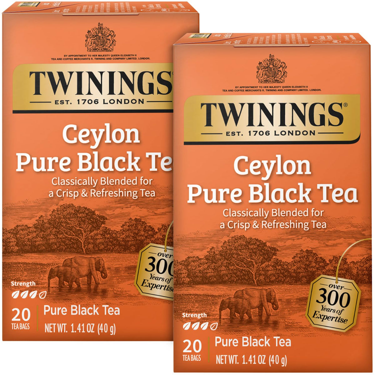 Twinings Ceylon Pure Black Tea packaging highlights premium quality