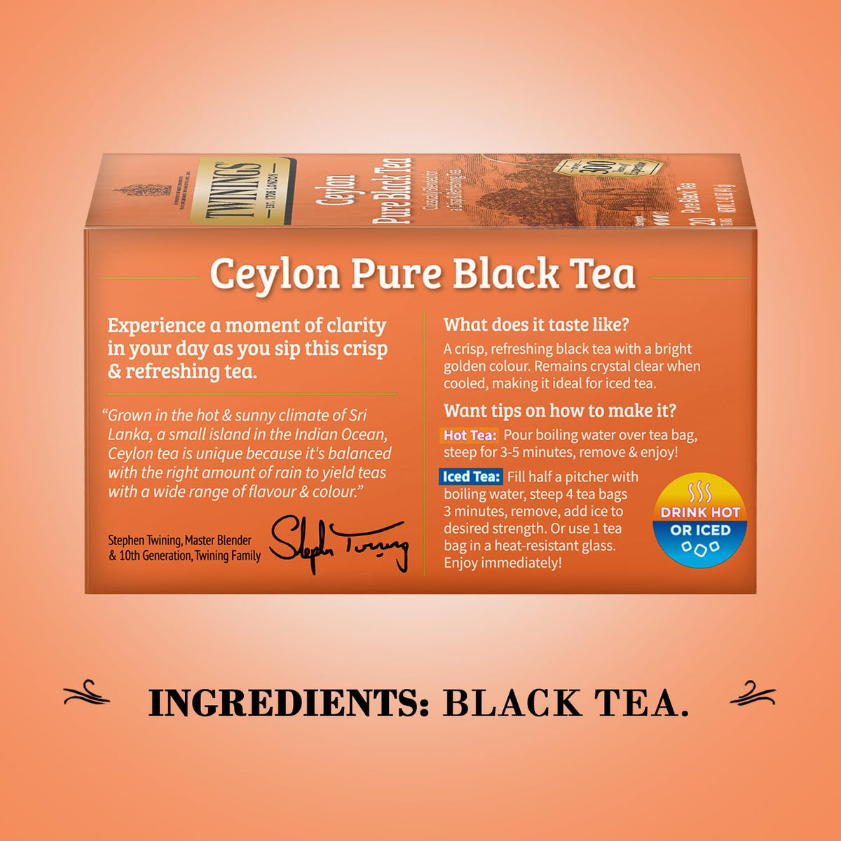 Steeped Twinings Ceylon Pure Black Tea in a rich, golden cup
