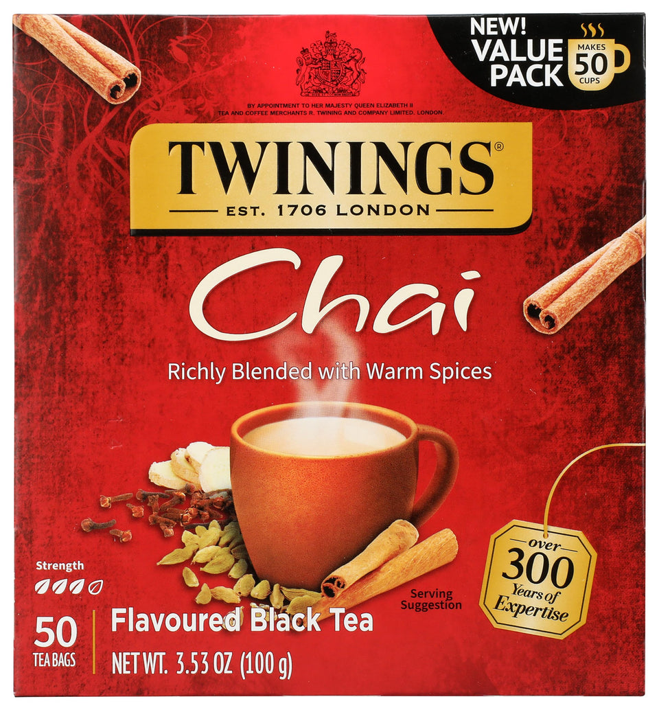 Twinings Chai Black Tea bags, individually wrapped, ideal for quick hot or iced brew.
