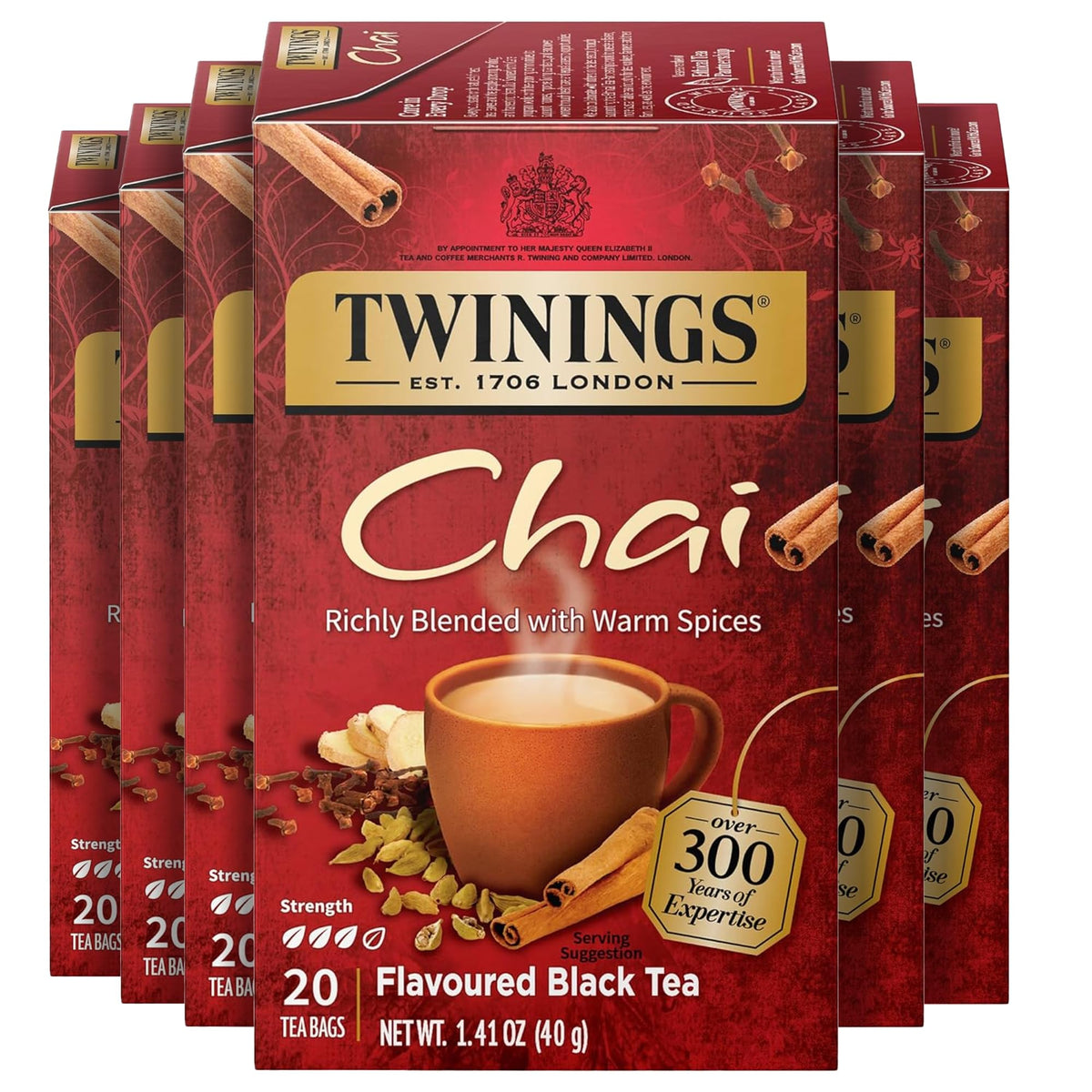 Twinings chai black tea bags pack on shelf for bold, convenient brewing.