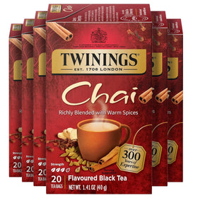 Twinings chai black tea bags pack on shelf for bold, convenient brewing.