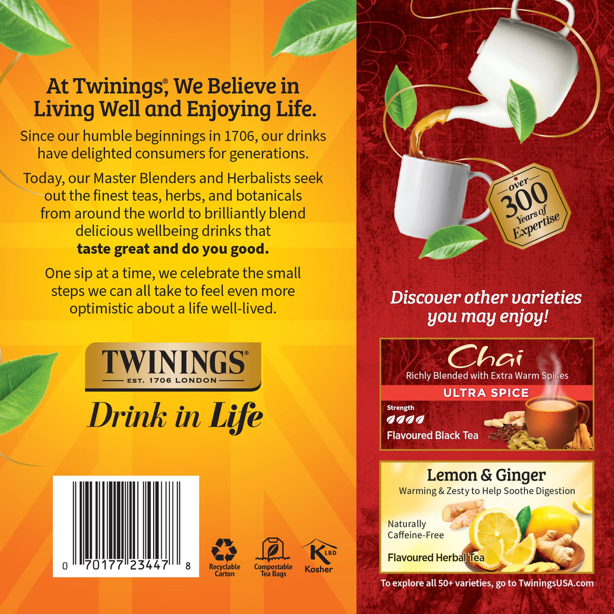 Twinings packaging detail highlighting the 100-count box for longevity.