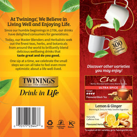 Twinings packaging detail highlighting the 100-count box for longevity.