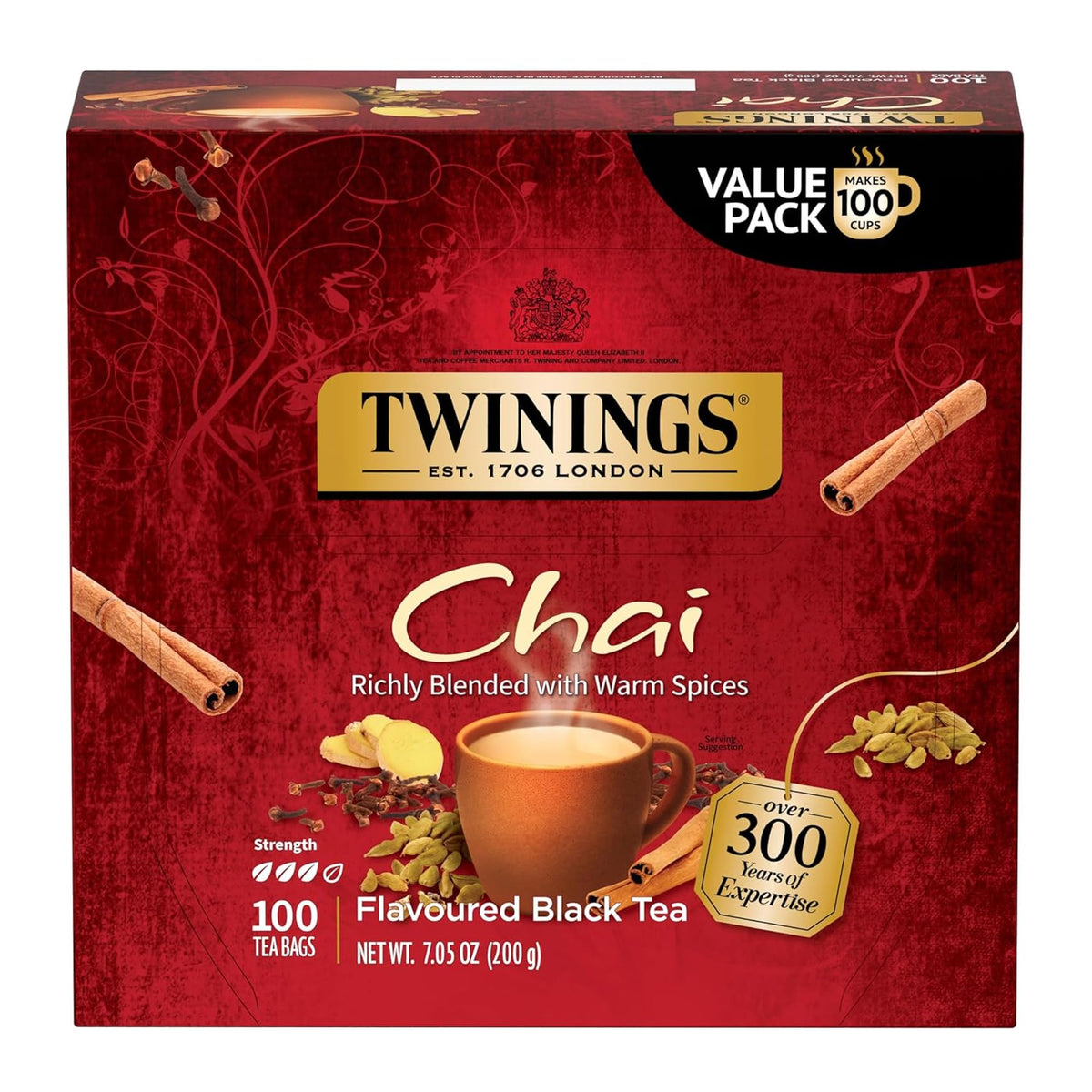 Twinings Chai Black Tea bags in a box front, inviting warm spice aroma.