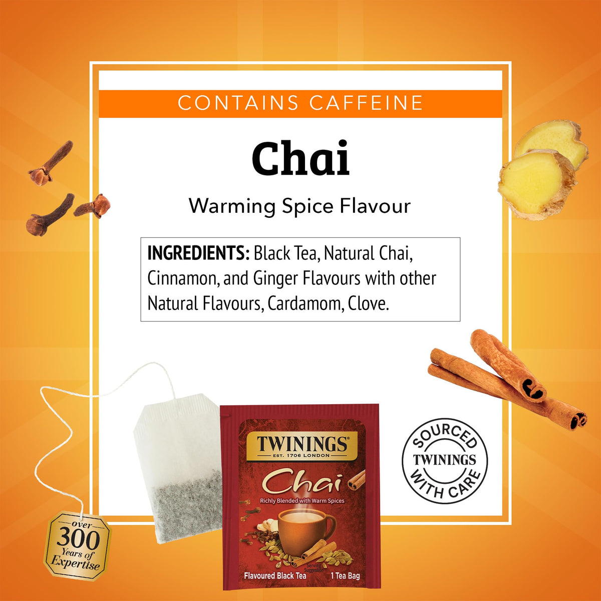 Twinings chai tea cup steaming with rich spice, ideal for hot or iced.