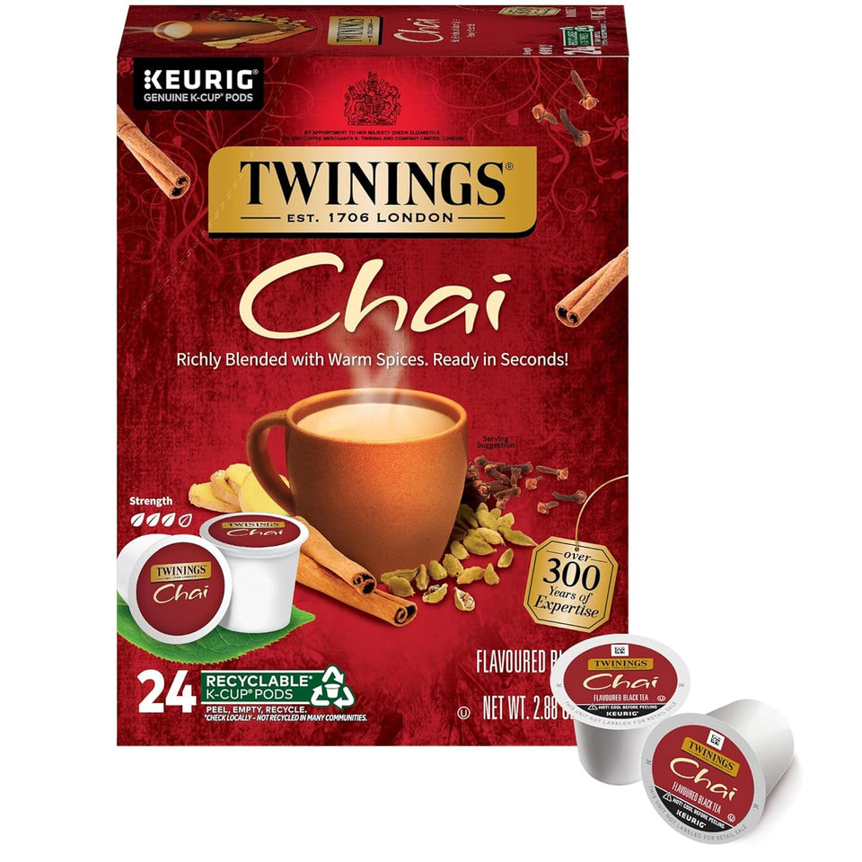 Twinings Chai Black Tea K-Cup box highlights bold aroma and spice blend.