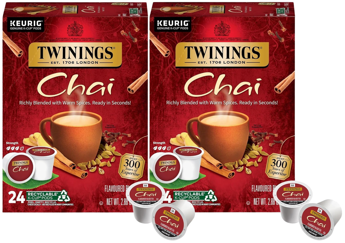 Twinings chai black tea K-Cup pods pack 2, convenient, bold flavor for busy mornings.