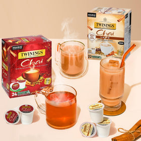 Twinings chai latte at-home cafe vibe with ethical sourcing emphasis.