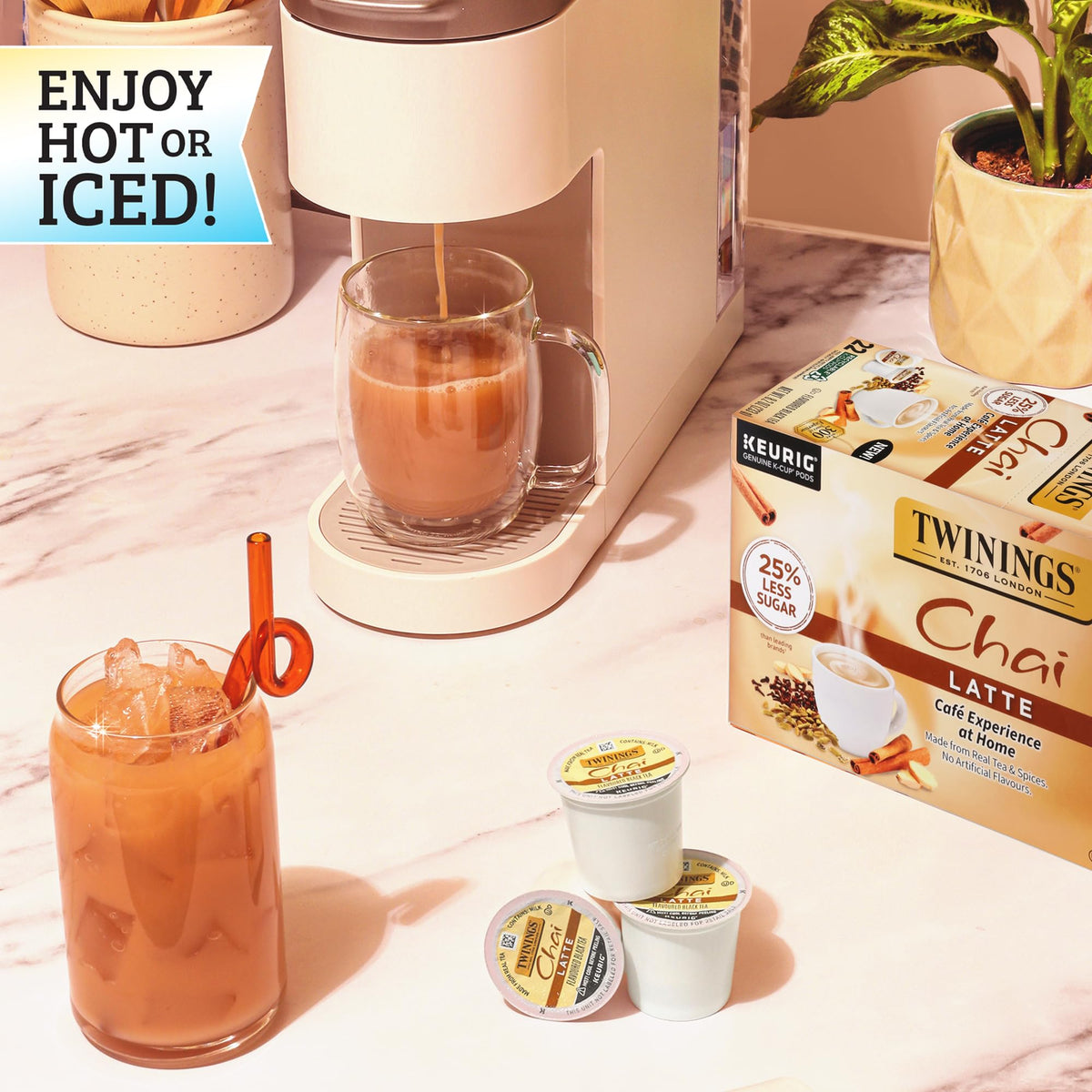 Creamy pour of Twinings Chai Latte for a cafe-like experience at home.