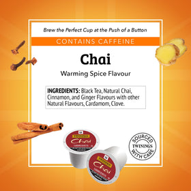 Twinings Chai K-Cup pod close-up reveals rich color and fragrant spice notes.