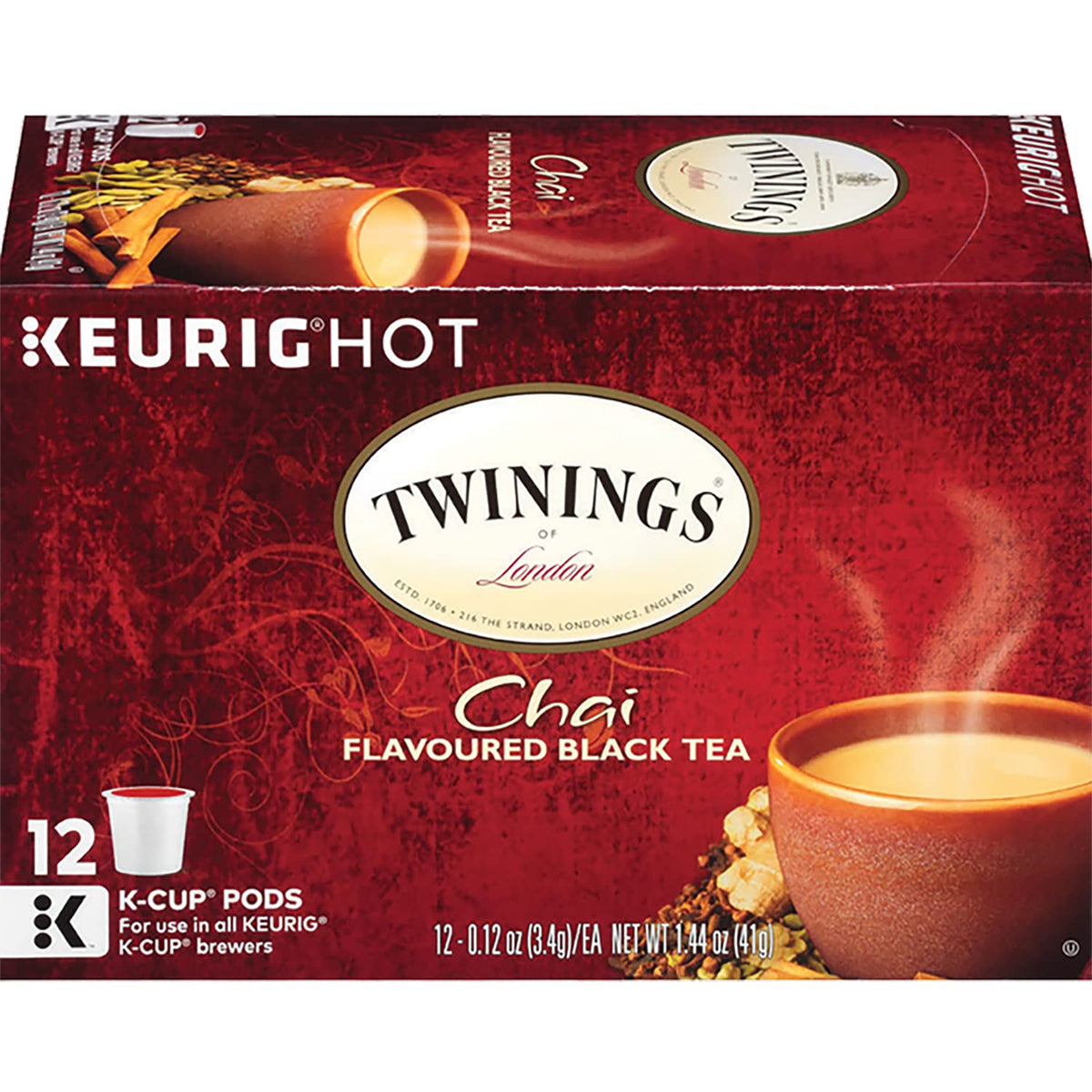 Twinings chai K-Cup pods with cinnamon, cardamom, cloves, and ginger aroma.