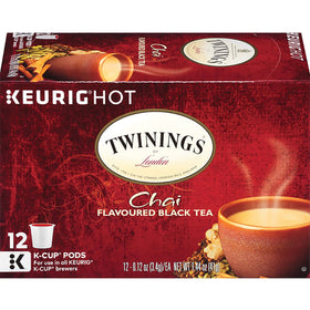 Twinings chai K-Cup pods with cinnamon, cardamom, cloves, and ginger aroma.