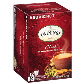Twinings chai tea K-Cup pods steaming cup for cozy mornings.