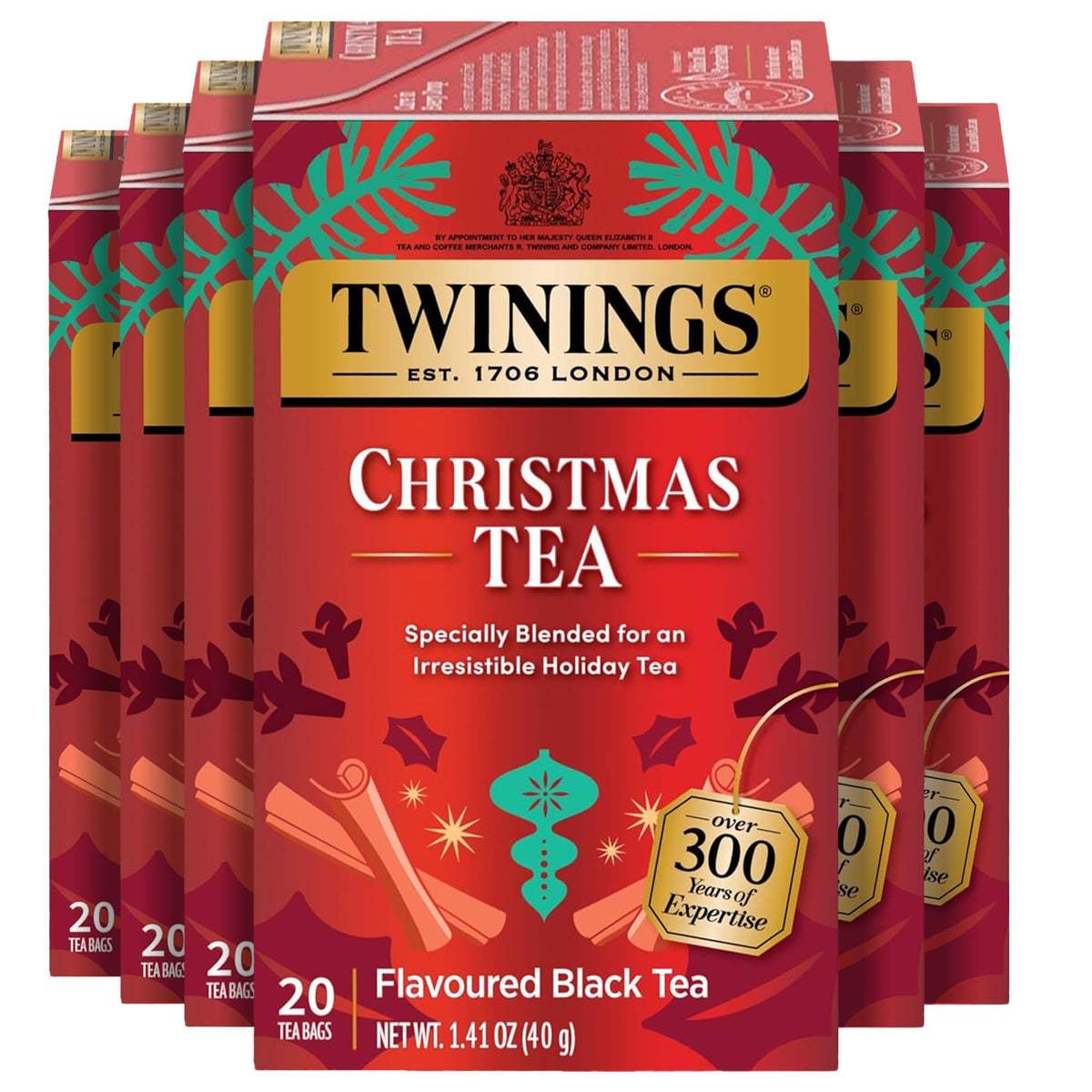 Twinings Christmas Black Tea bags in front view, ideal for a cozy morning ritual.