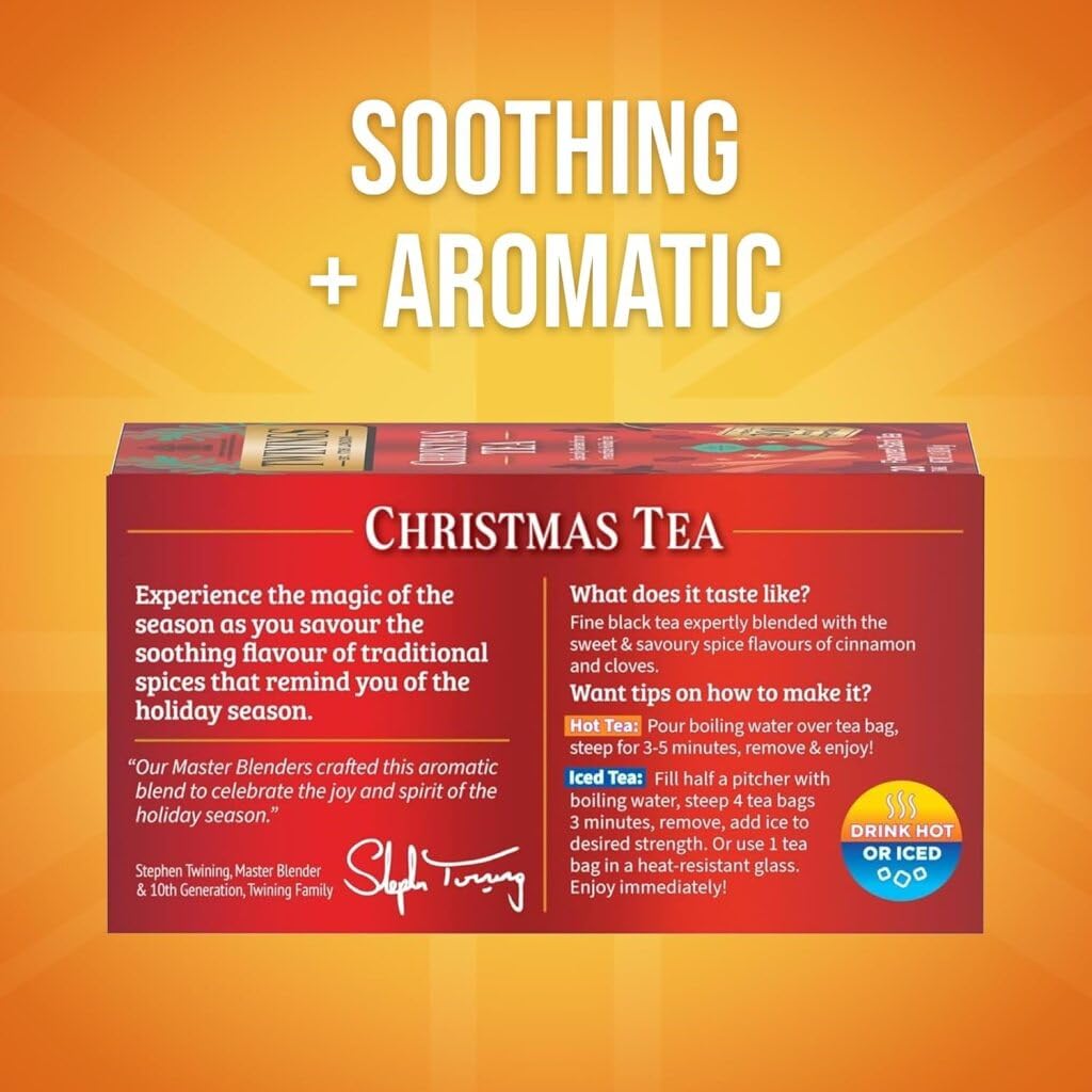Twinings Christmas Tea cinnamon and clove aroma fills a festive kitchen.
