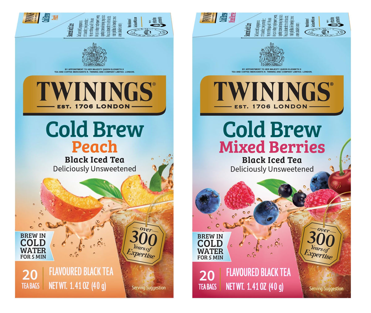 Twinings Cold Brew sampler peach and berries tea bags ready for quick refreshing iced tea.