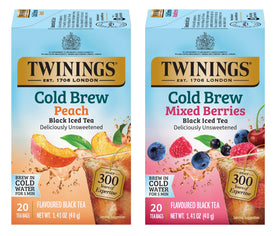 Twinings Cold Brew sampler peach and berries tea bags ready for quick refreshing iced tea.
