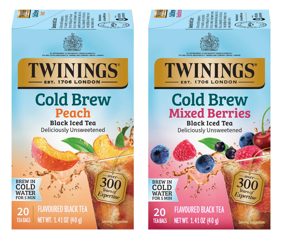 Twinings Cold Brew sampler peach and berries tea bags ready for quick refreshing iced tea.