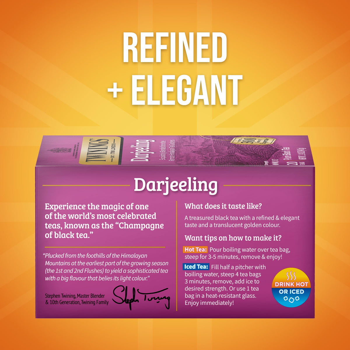 Twinings Darjeeling tea bags closeup - individually wrapped freshness in each bag.