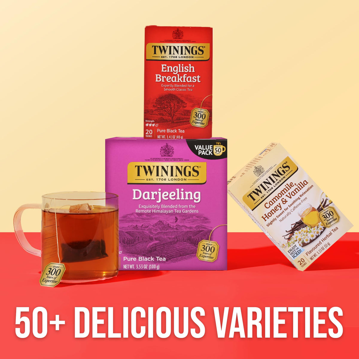 Twinings packaging on shelf: heritage brand since 1706 ensuring trusted quality.