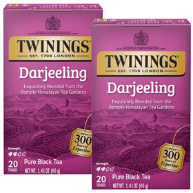 Twinings Darjeeling tea bag pack with fresh aroma ready to brew.