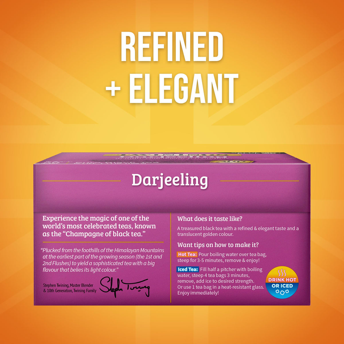 Twinings Darjeeling tea bags close-up: individually sealed for lasting freshness on the go.