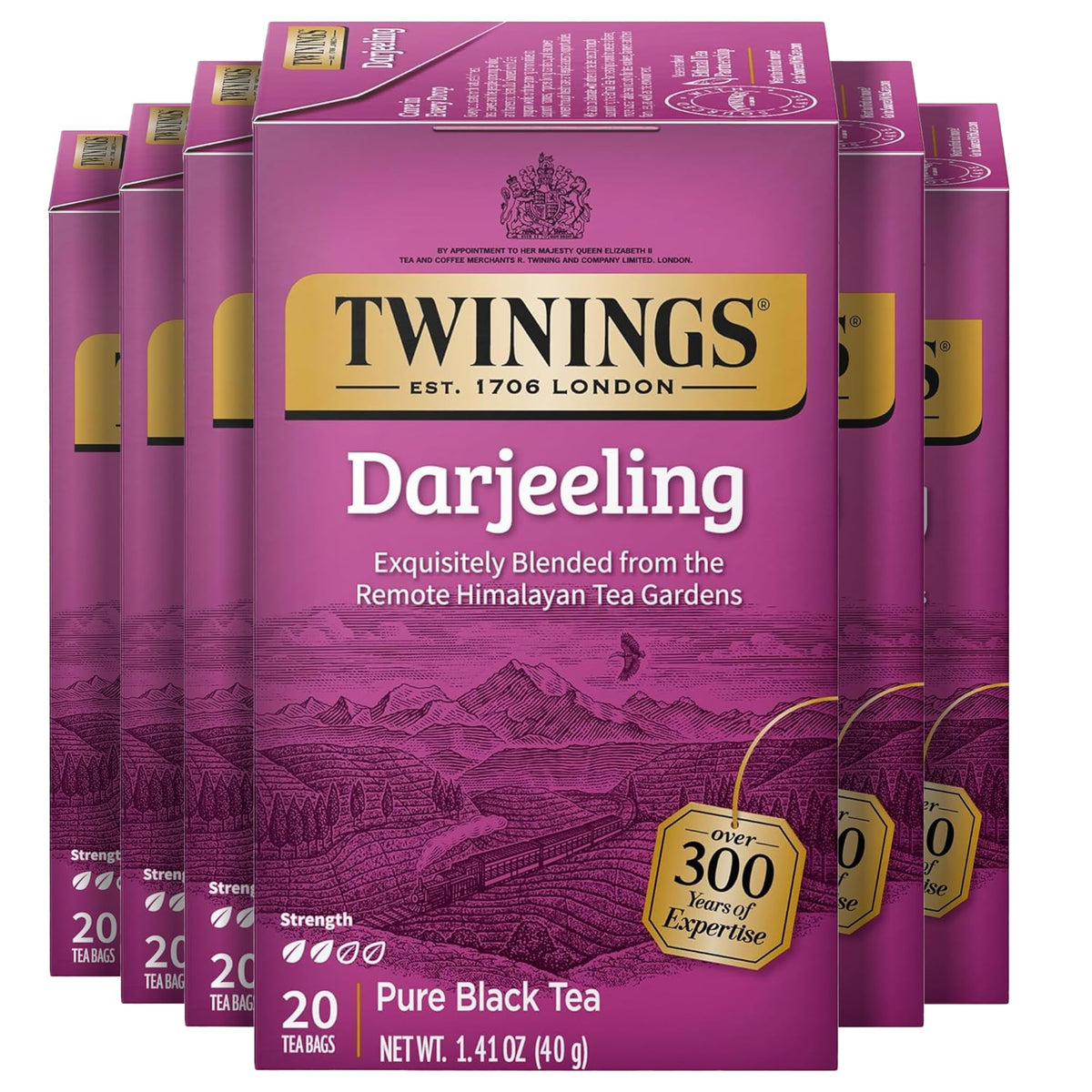 Twinings Darjeeling tea bags pack showing six boxes for easy weekly brewing.