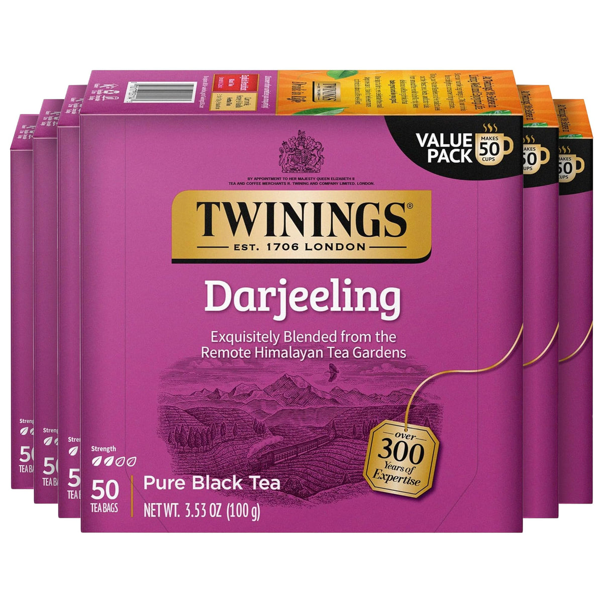 Twinings Darjeeling tea bags pack6-50-count: convenient freshness for daily rituals.