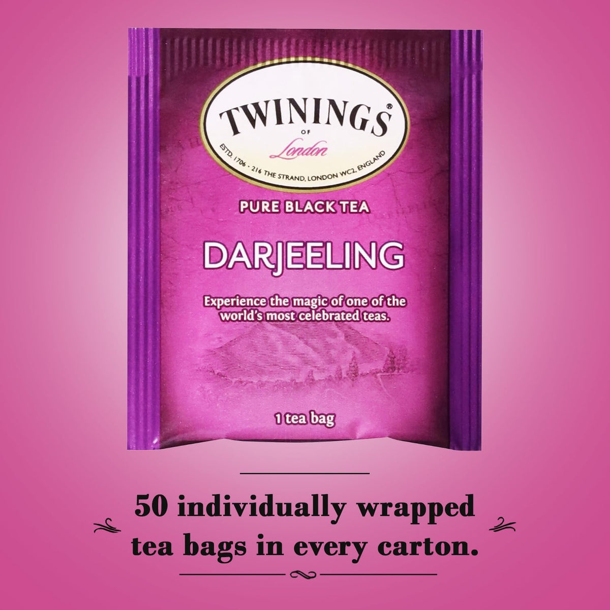 Twinings Darjeeling tea bags wrapped individually, preserving aroma in each brew.