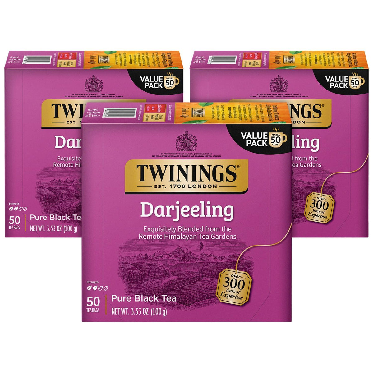 Twinings Darjeeling tea box with bags, a refined tea moment.