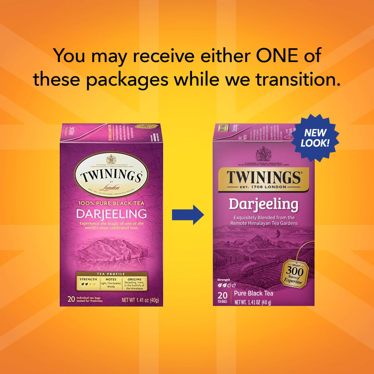Twinings Darjeeling tea fresh packaging preserves premium aroma.