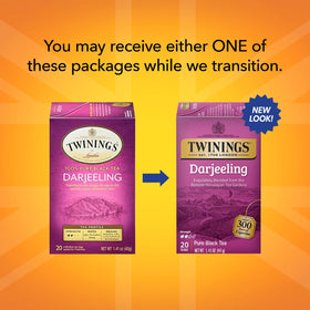Twinings Darjeeling tea fresh packaging preserves premium aroma.