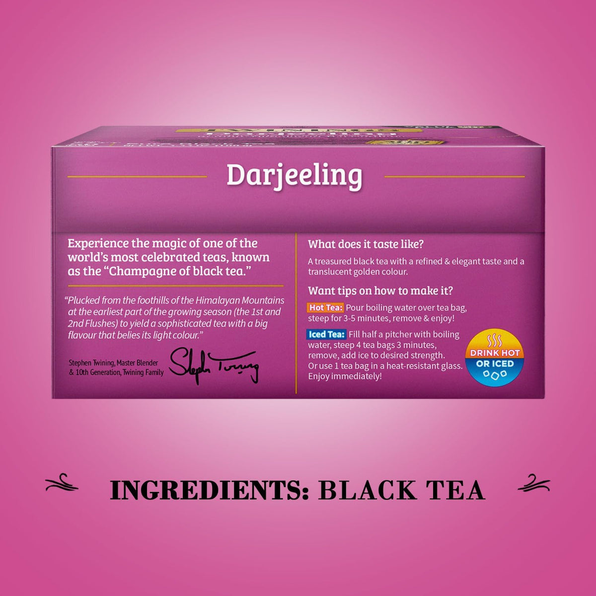 Twinings Darjeeling tea leaves closeup, showing delicate aroma and woody notes.