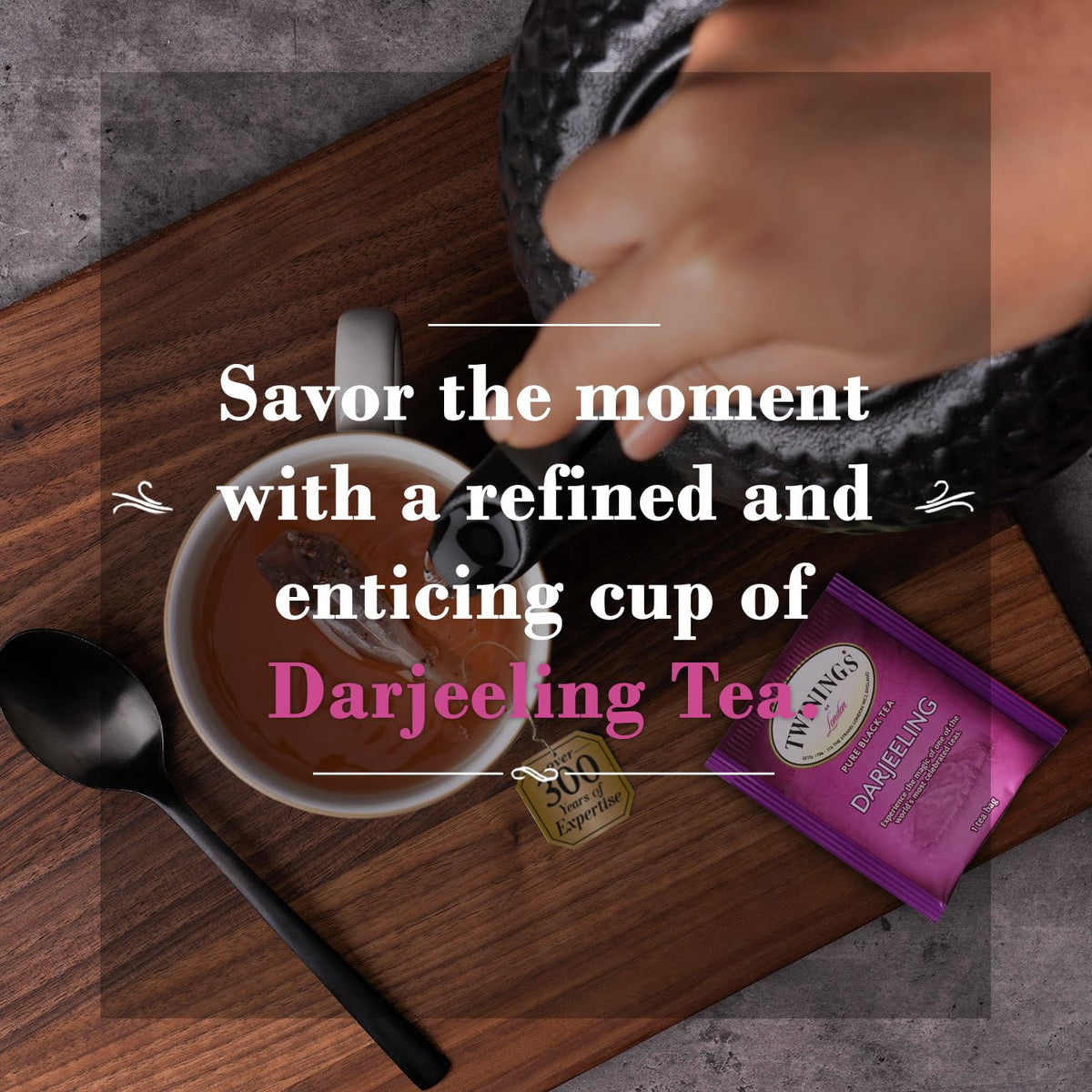 Twinings Darjeeling tea with milk creates a smooth, balanced cup.