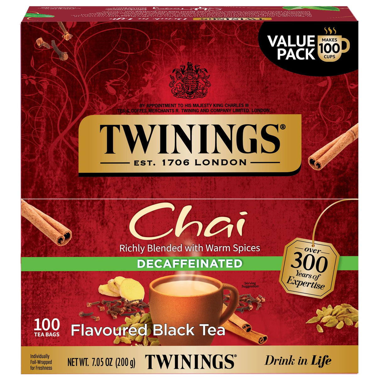 Twinings decaffeinated chai tea bags deliver bold spice without caffeine.