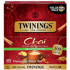 Twinings decaffeinated chai tea bags deliver bold spice without caffeine.