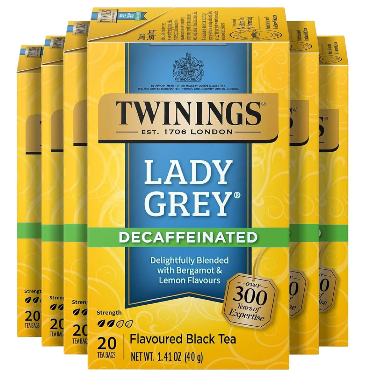 Twinings Decaffeinated Lady Grey tea bags in a six-pack for on-the-go brewing.