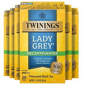 Twinings Decaffeinated Lady Grey tea bags in a six-pack for on-the-go brewing.
