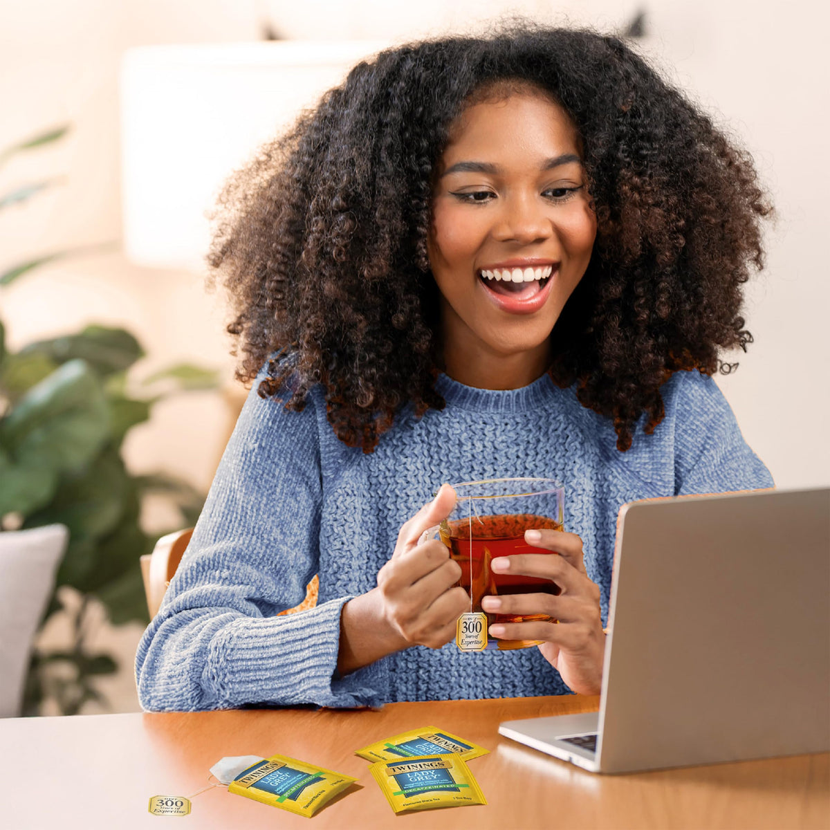 Individually sealed Twinings tea bags preserve freshness for travel or office.
