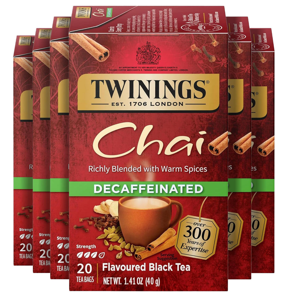Twinings decaf chai tea bags collection for a cozy, caffeine-free cup