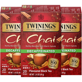 Twinings Decaf Chai Tea pack front shows three boxes for convenient daily use.