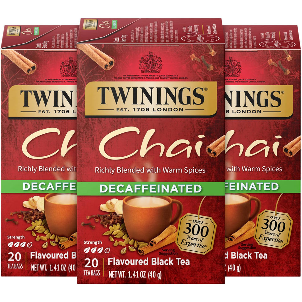 Twinings Decaf Chai Tea pack front shows three boxes for convenient daily use.