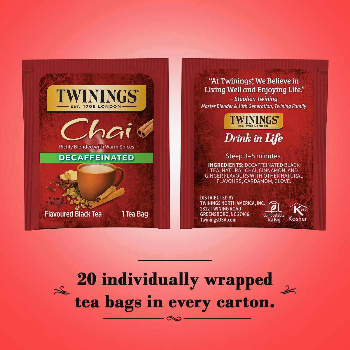 Twinings decaf chai spice blend close-up features cinnamon and cardamom aroma.