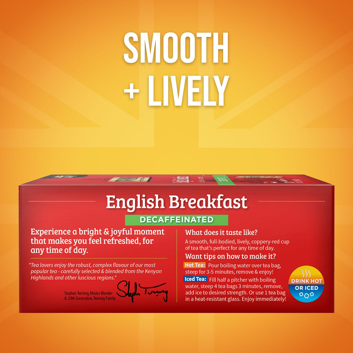 Twinings decaf English Breakfast brew shown, delivering a smooth, full-bodied cup after steeping.