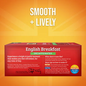 Twinings decaf English Breakfast brew shown, delivering a smooth, full-bodied cup after steeping.