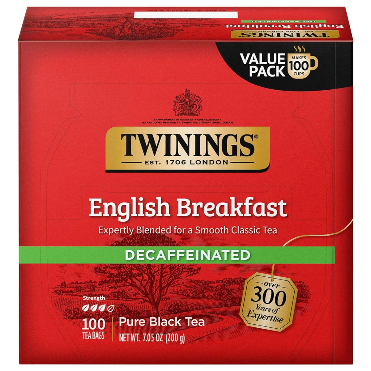 Twinings Decaf English Breakfast tea bags with freshness seal for consistent flavor.