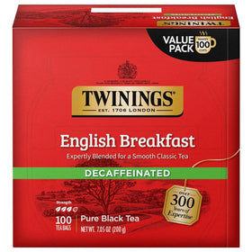 Twinings Decaf English Breakfast tea bags with freshness seal for consistent flavor.