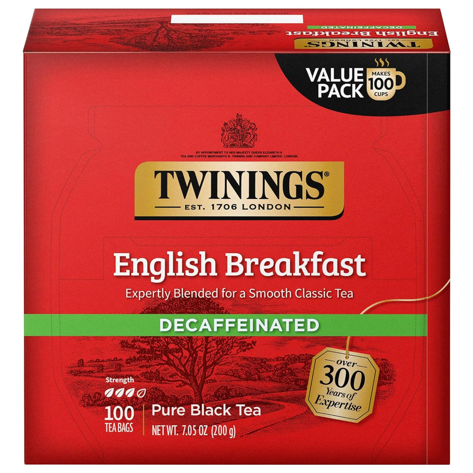 Twinings Decaf English Breakfast tea bags with freshness seal for consistent flavor.