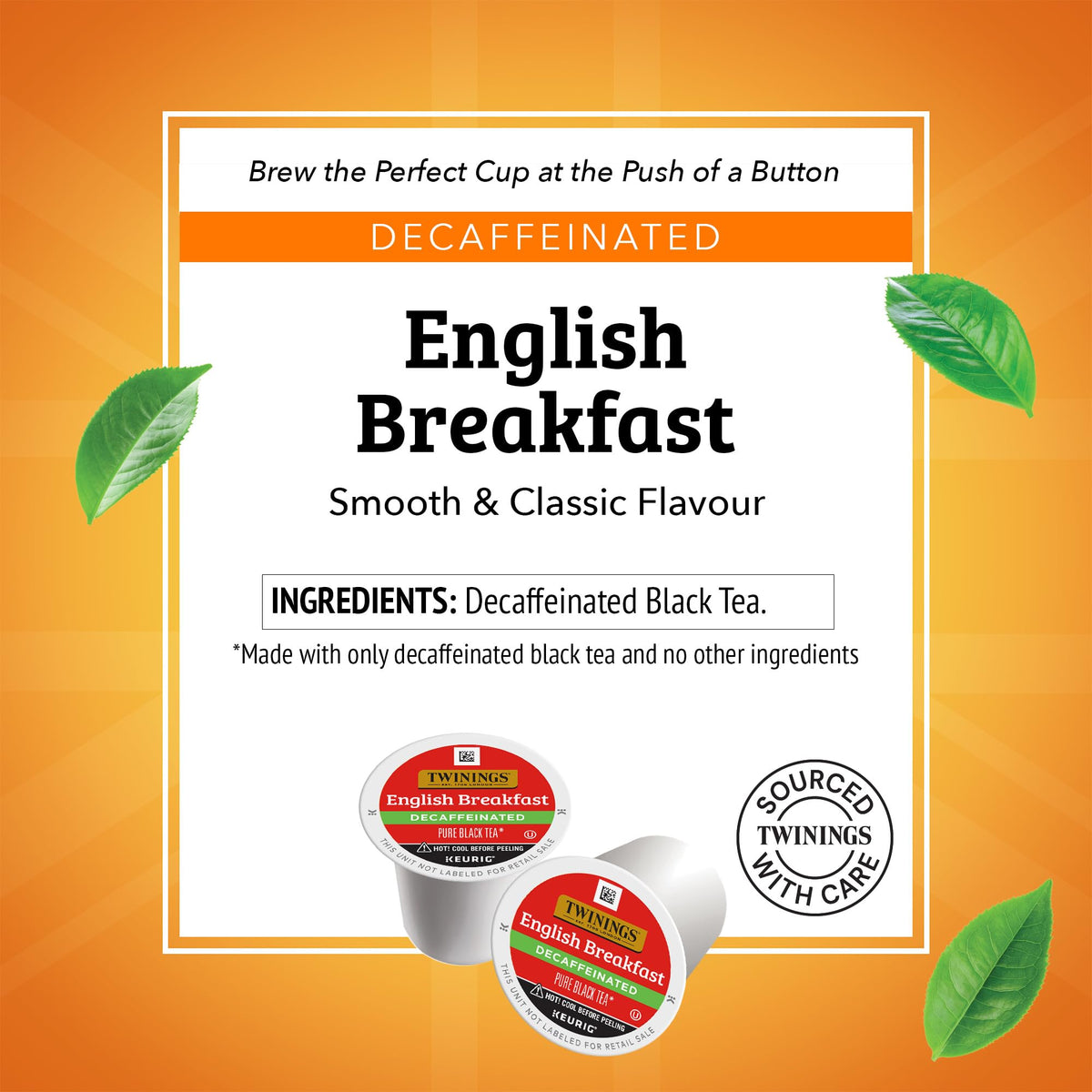 Six-box pack of Twinings decaf English Breakfast tea boxes for home brewing.