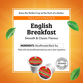 Six-box pack of Twinings decaf English Breakfast tea boxes for home brewing.